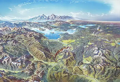 Image 7 Yellowstone National Park Map credit: Heinrich C. Berann Yellowstone National Park is an American national park located mostly in Wyoming and extending into Montana and Idaho. It was established by the U.S. Congress and signed into law by President Ulysses S. Grant on March 1, 1872. Yellowstone was the first national park in the U.S. and is also widely held to be the first national park in the world. The park is known for its wildlife and its many geothermal features, especially the Old Faithful geyser, one of its most popular landmarks. It has many types of ecosystems, but the subalpine forest is the most abundant. The park is part of the South Central Rockies forests ecoregion. In 1978, Yellowstone was named a World Heritage Site by UNESCO. This picture is a stylized panoramic map of Yellowstone National Park as viewed from the northeast, created in 1991 by Austrian painter and cartographer Heinrich C. Berann for the National Park Service. Yellowstone Lake and the Grand Canyon of the Yellowstone are in the center, while Old Faithful is visible on the right, next to a brown building representing the Old Faithful Inn. Jackson Lake and the peaks of the Teton Range are depicted in the background. More selected pictures