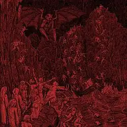 A drawing of a demonic scene rendered in red, inspired by the works of Gustave Doré