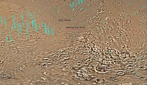 Map of the eastern part of Hellas Planitia (a vast impact crater), showing two large river valleys that slope left, toward the floor of the crater.