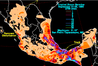 A map showing rainfall from Tropical Storm Hermine