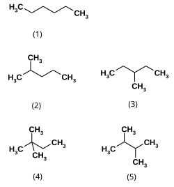 zig-zag models of hexane and four isomers