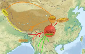 Map of the hypothesised homeland and dispersal according to van Driem (2005)