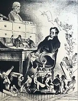 The Doctor: How the devil does it happen that all of my patients succumb? I bleed them, I physic them, I drug them, I simply can't understand it!, published in published in Le Charivari (1833), lithograph, 24.9 x 19.9 cm.