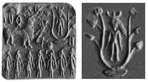 Horned deity with one-horned attendants on an Indus Valley seal. Horned deities are a standard Mesopotamian theme. 2000–1900 BCE. Islamabad Museum.[111][112][113][114]