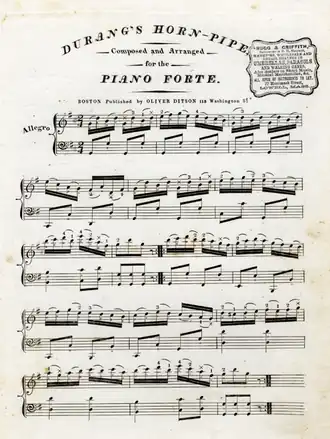 Sheet music for Durang's Horn Pipe published by Oliver Ditson, in Washington Street, Boston 19th century