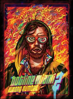 A man with brown hair and a beard in a hoodie in the middle of a nuclear blast rapidly approaching him. The flames of the nuclear blast make out others faces, and the heads of different animals. At the bottom, the text "Hotline Miami 2: Wrong Number" appears in a stylized font.