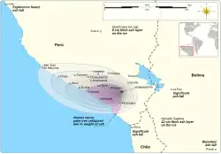 Tephra fell mostly west of Huaynaputina and was observed in many cities of the wider region