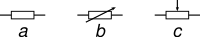 IEC‑style: (a)&nbsp;Resistor, (b)&nbsp;Rheostat, (c)&nbsp;Potentiometer&nbsp;/ Trimmer