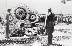 Bose visiting the now-demolished INA Memorial at Esplanade Park during June 1945.