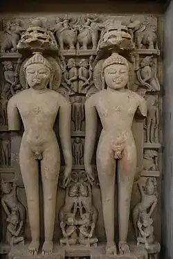 Image of nude non-erotic sculpture at Khajuraho, showing two naked men