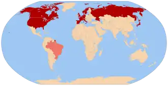 A world map highlighting Belgium, Denmark, France, Germany, Italy, Netherlands, Norway, Spain, Sweden and Switzerland in red and Brazil in pink. See adjacent text for details.