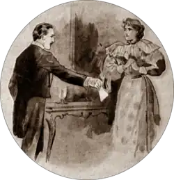 indoor scene; a man burns a letter while a woman watches in displeasure