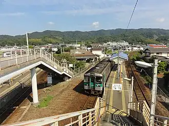 A view of the eastern (Naruto Line) platforms looking in the direction of Naruto. The station building is in the centre and the Kōtoku Line platforms can be glimpsed to the extreme left.