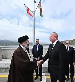 Amir-Abdollahian (middle) and President Ebrahim Raisi (left) with Ilham Aliyev at the border with Azerbaijan, hours before their death, May 2024