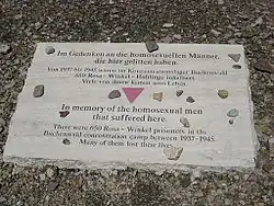 Pink triangle (Rosa Winkel in German) memorial for gay men killed at Buchenwald.