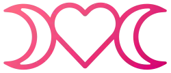 A simplified smooth vector image of a waxing crescent moon on the left, open pink heart shape in the middle, and a waning crescent moon on the right. All lines are a dark pink color.