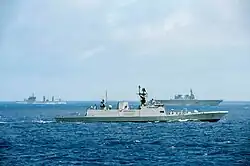 INS Shakti (A57), INS Sahyadri (F49) and JMSDF JS Hyūga transit together.