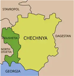 Map centered on Chechnya and Ingushetia, showing the surroundings: North Ossetia, Dagestan, Stavropol Krai, and Georgia.
