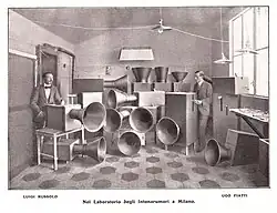 Intonarumori, 1913, instruments built for music-piece Bruitism, partly operating on electricity