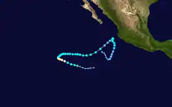 A map of the erratic path of a hurricane over the Eastern Pacific Ocean. First it moves to the west-northwest, then to the east before turning northeastward, and finally a sharp turn to the south.