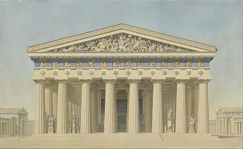 Reconstructed elevation of the main facade of the Temple T at Selinunte, Sicily, by Jacques Ignace Hittorff, before 1859