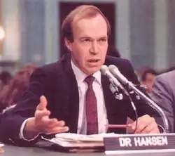 Image 30James Hansen during his 1988 testimony to Congress, which alerted the public to the dangers of global warming (from History of climate change science)