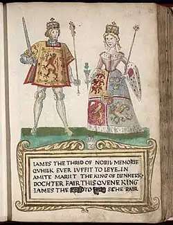 A picture on a page in an old book. A man at left wears tights and a tunic with a lion rampant design and holds a sword and sceptre. A woman at right wears a dress with an heraldic design bordered with ermine and carries a thistle in one hand and a sceptre in the other. They stand on a green surface over a legend in Scots that begins "James the Thrid of Nobil Memorie..." (sic) and notes that he "marrit the King of Denmark's dochter."