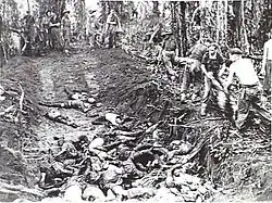 Soldiers burying dead in a large pit