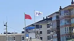 A flag in the beach of Zarautz alerting about the presence of jellyfish in the water