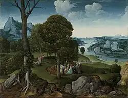 Landscape with St John the Baptist Preaching, oil on oak, 36.5&nbsp;cm ×&nbsp;45&nbsp;cm (14.4&nbsp;in ×&nbsp;17.7&nbsp;in), Royal Museums of Fine Arts of Belgium