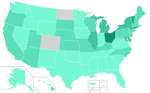 Percentage of vote received by Kasich by state or territory.