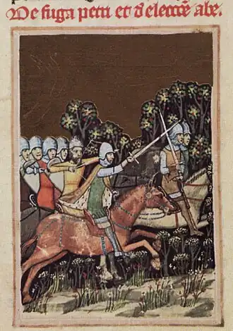 Chronicon Pictum, Hungarian, Hungary, King Peter Orseolo, Samuel Aba, chasing, horsemen, forest, sword, armor, crown, medieval, chronicle, book, illumination, illustration, history