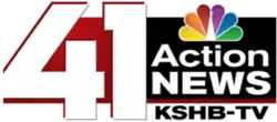 A large 41 in white with a red border next to a black box trimmed in red with the words "Action News" on two lines, the NBC peacock atop them, a red accent line, and the letters K S H B-TV in black beneath