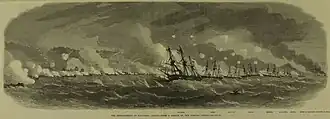 Euryalus leading the line of battle during the Bombardment of Kagoshima, 1863