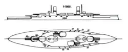 A large warship with five gun turrets, two tall masts, two funnels, and heavy armor protection.