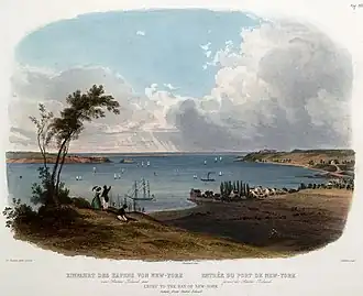 An 1832 published view of The Narrows and New York Bay by the Swiss/French artist Karl Bodmer (1809–1893), drawn during his American travels in the 1830s. Pictured with the early 19th century to mid-20th century military post of Fort Lafayette (1815–1960, originally named Fort Diamond) on Hendricks Reef, visible off the Brooklyn / Long Island eastern shore of the Narrows / Bay.