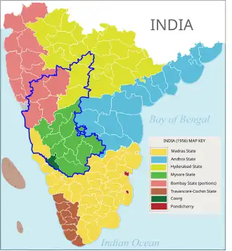 Map of southern India before the reorganisation of 1956 with the blue outline of the expanded Mysore State (after 1956)