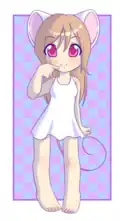 The kemonomimi art style, widely popularized since the latter part of the 20th century, involves humanoid characters with stylized animal features, such as this anthropomorphic mouse girl.