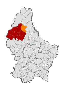 Map of Luxembourg with Kiischpelt highlighted in orange, and the canton in dark red