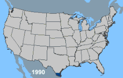 Map showing the spread of Africanized honey bees in the United States from 1990 to 2003