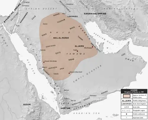 Map showing approximate extent of the Kingdom of Kinda, c. 500 CE