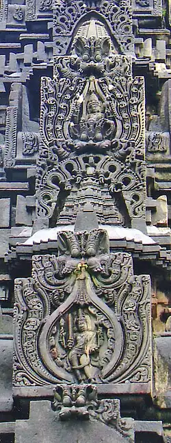 Kirtimukha (demon face) on shikhara (tower) of Kedareshvara temple at Balligavi