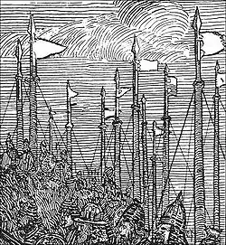 Black and white drawing of a snapshot showing shipmasts with flags and warriors marching below.