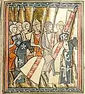 Miniature depicting the First Crusade from a manuscripts of Histoire d'Outremer (dated 1287). The image shows Godfrey of Bouillon and Adhemar of Le Puy. Godfrey is displaying the arms of Lorraine, a bend gules with three alerions argent. Adhemar is wearing a bishop's mitre and displaying a crescent on his shield.