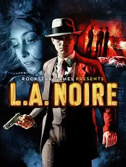 A detective stands with a gun; in the background is a dead woman (left) and a dead man near three policemen (right). In front of the detective is text: "ROCKSTAR GAMES PRESENTS" above the larger "L.A. NOIRE".