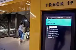 Departure information for the Cannonball at Penn Station, on a screen adjacent to the staircase to Track 19 in the West End Concourse