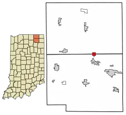 Location of Wolcottville in Noble County and LaGrange County, Indiana.