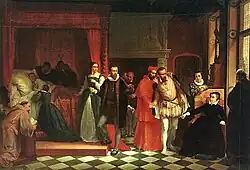 Painting depicting the death of Francis II, lying in a red canopied bed surrounded by many people