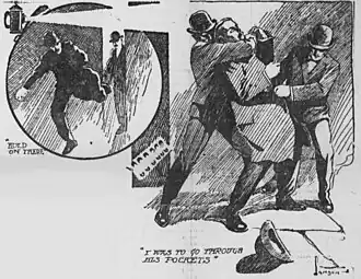 Illustration of a man being held by a mugger while another goes through his pockets