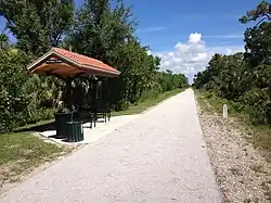 Covered benches called "stations" can be found throughout the trail every few miles